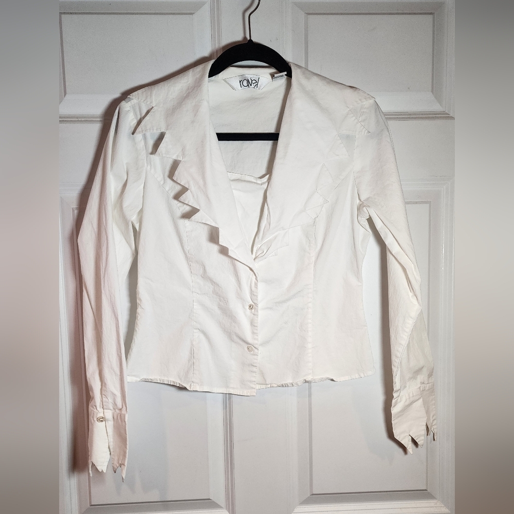 Ravel White Cotton Blend 90s Style Zig Zag Collar Button Up Shirt M